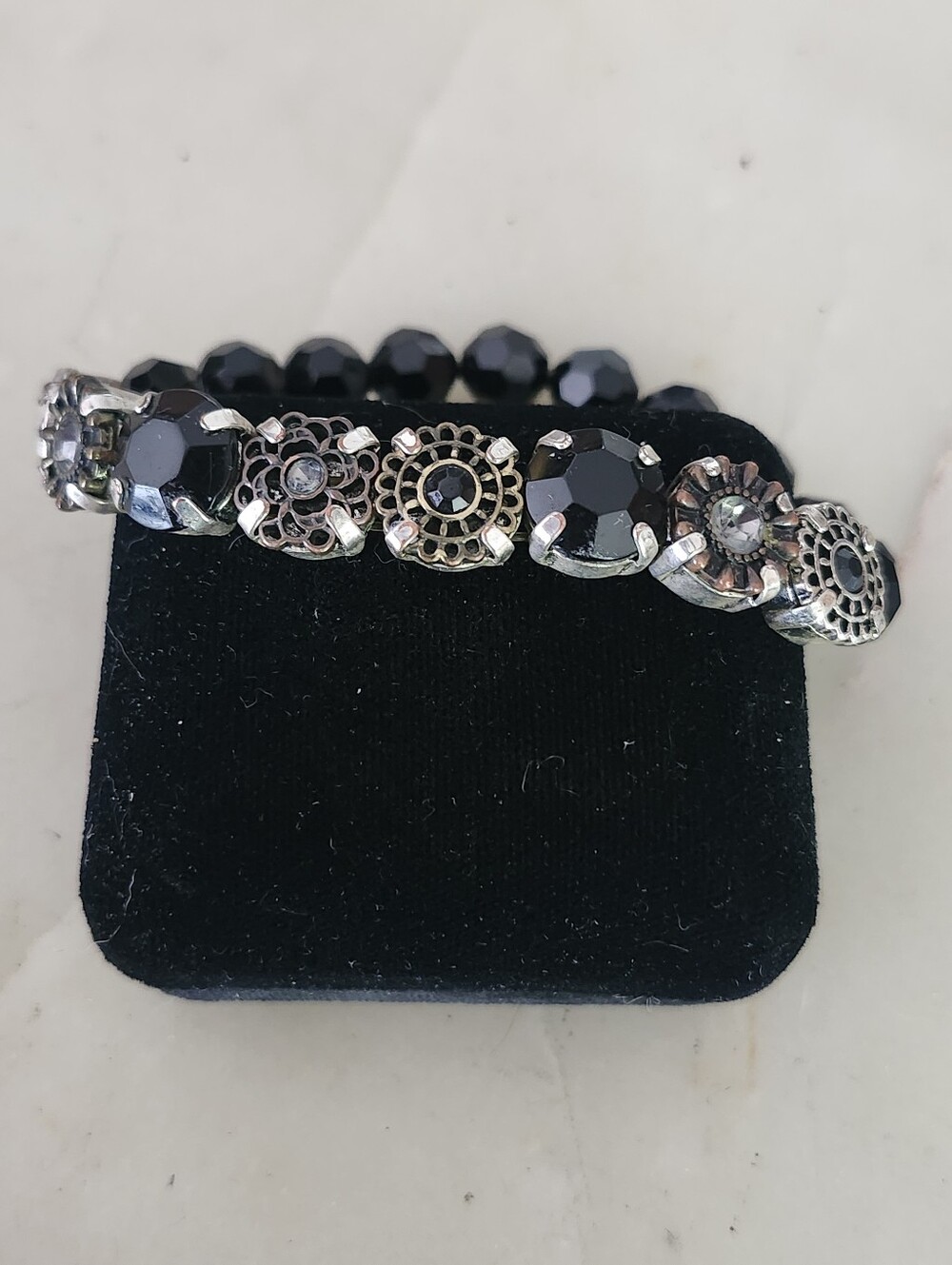 NRT Black Crystal Stretch Bracelet with Silver-Tone Floral Accents